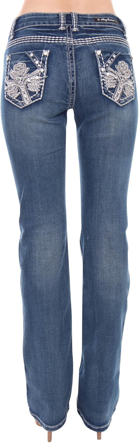 Women's Ripped Bootcut Jeans Mid Rise Flare Bottoms Vintage Distress with Rhinestone Pockets S96-PB - Image 4