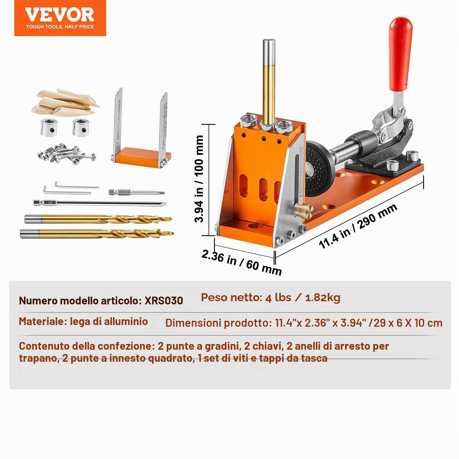 VEVOR Kit di Dime per Fori Tascabili 3 Fori Tascabili con Chiave Punte Quadrate, Set per Dima di Foratura a Tasca, Set per Dima Foratura Angolare Lavorazione Carpentieri Materiale in Lega di Alluminio