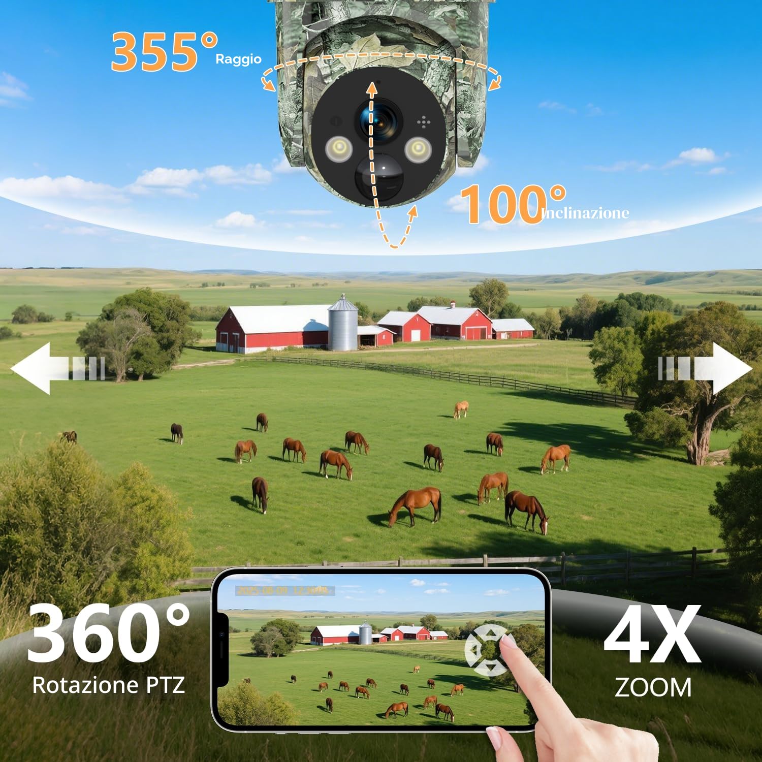 LEMNOI Fototrappola 4G Solare con SIM Preinstallate, Fotocamera da Caccia con Pannello Solare, Telecamera Esterna 2K PTZ Impermeabile con Visione Notturna a Colori, Rilevamento PIR (1 pezzo)