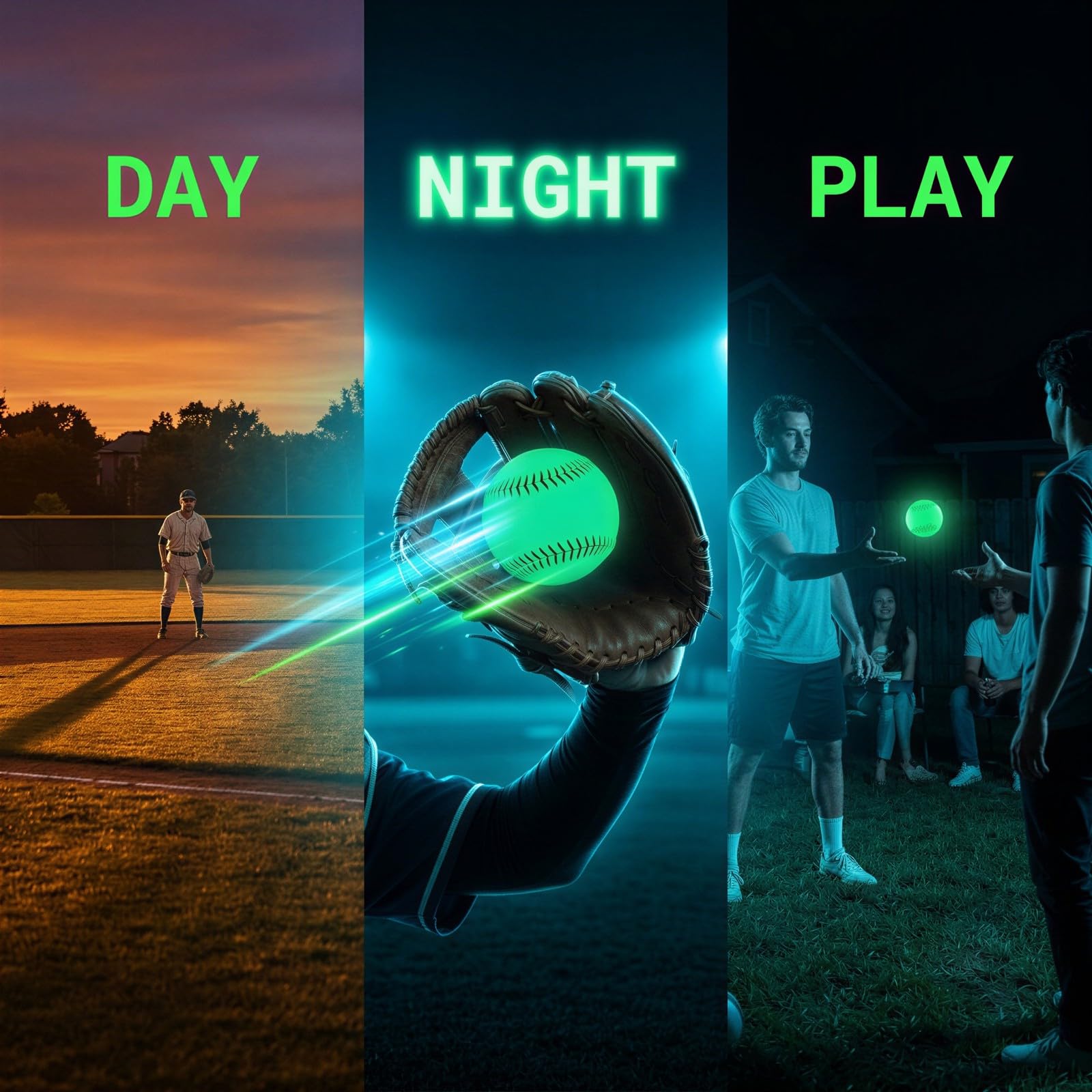 2 Stk. Glow in the Dark Baseball, 9 Zoll 22,8 cm Umfang, leuchtende PVC Skin mit Korkkern, handgenähte Trainingbälle für Nachtübungen und Spiele bei Dunkelheit, Geschenk für abendliche Spiele