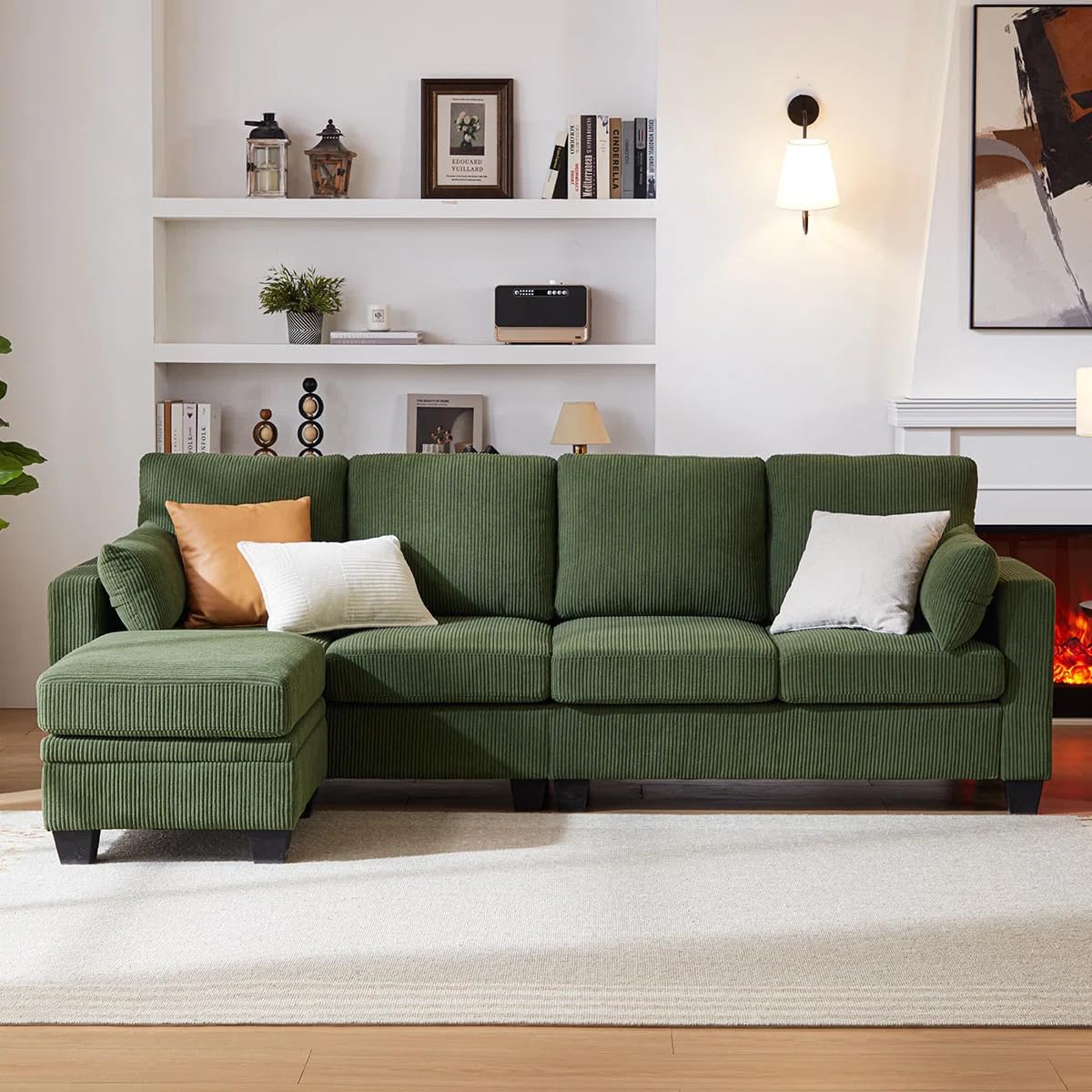 Evers 4 Seater L Shape Sofa Set with Storage Ottoman Green | Adjustable Headrests & Modern Comfort Design | Stylish Living Room Sofa for Home and Office Furniture-image-40