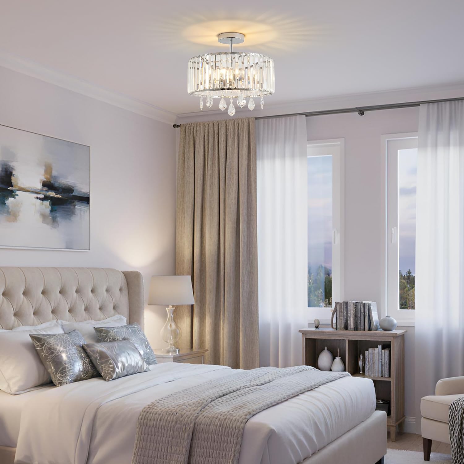 ANWIO Lampadari Cristallo Argento, Plafoniere Soggiorno Argento con 3 Luci, Lampadario a Sospensione Moderno E27, Plafoniere Vetro Per Camera da Letto, Ristorante, 36.5 CM (Senza Lampadine) Kitchen