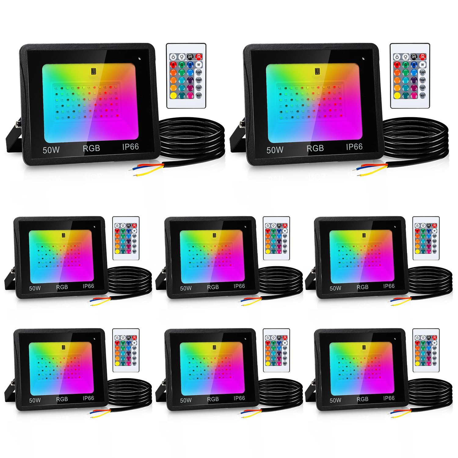 50W RGB LED Strahler Dimmbar 8 Stück, Aussen Fernbedienung, Außenstrahler LED RGB Wasserdicht IP66, 16 Farben 4 Modi, Fluter für bäume, Stimmungslicht mit Farbwechsel