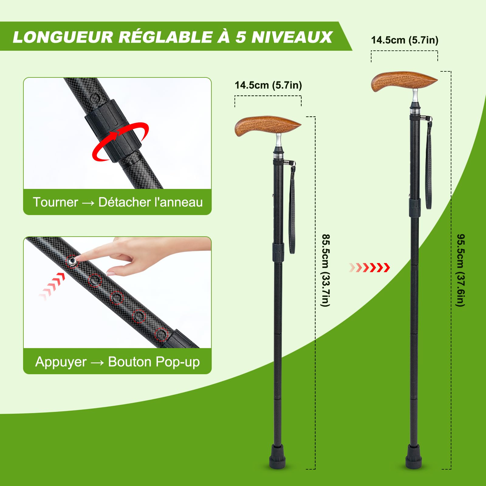 Canne de Marche en Fibre de Carbone Légère avec Sac de Transport, Embout en Caoutchouc Antidérapant et Amortisseur (2 Embouts de Rechange Inclus), Pliable et Réglable en Hauteur