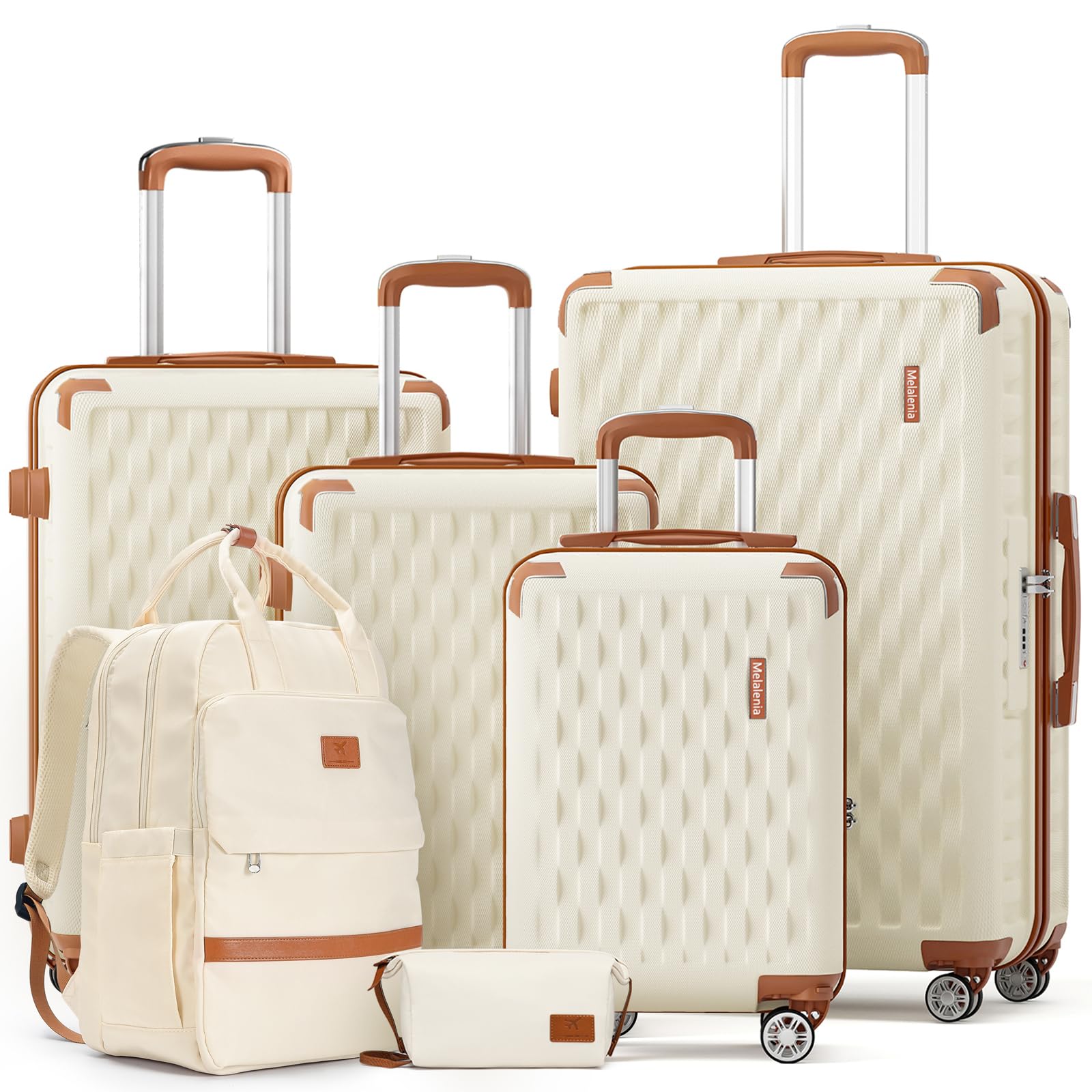 Melalenia Suitcase Sets 6 Piece Hard Shell Carry on Luggage with Spinner Wheels and TSA Lock, Lightweight Travel Backpack for Women, Beige Brown