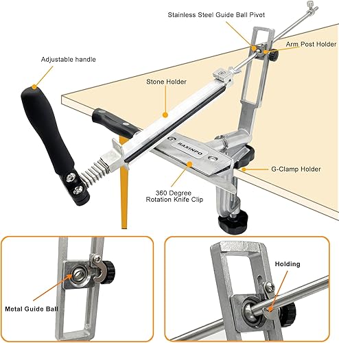 Miniatura 4 de Sistema de afilador de cuchillos con 4 piedras de afilar, diseño de rotación de 360, acero inoxidable de ángulo fijo profesional, cuchillo de