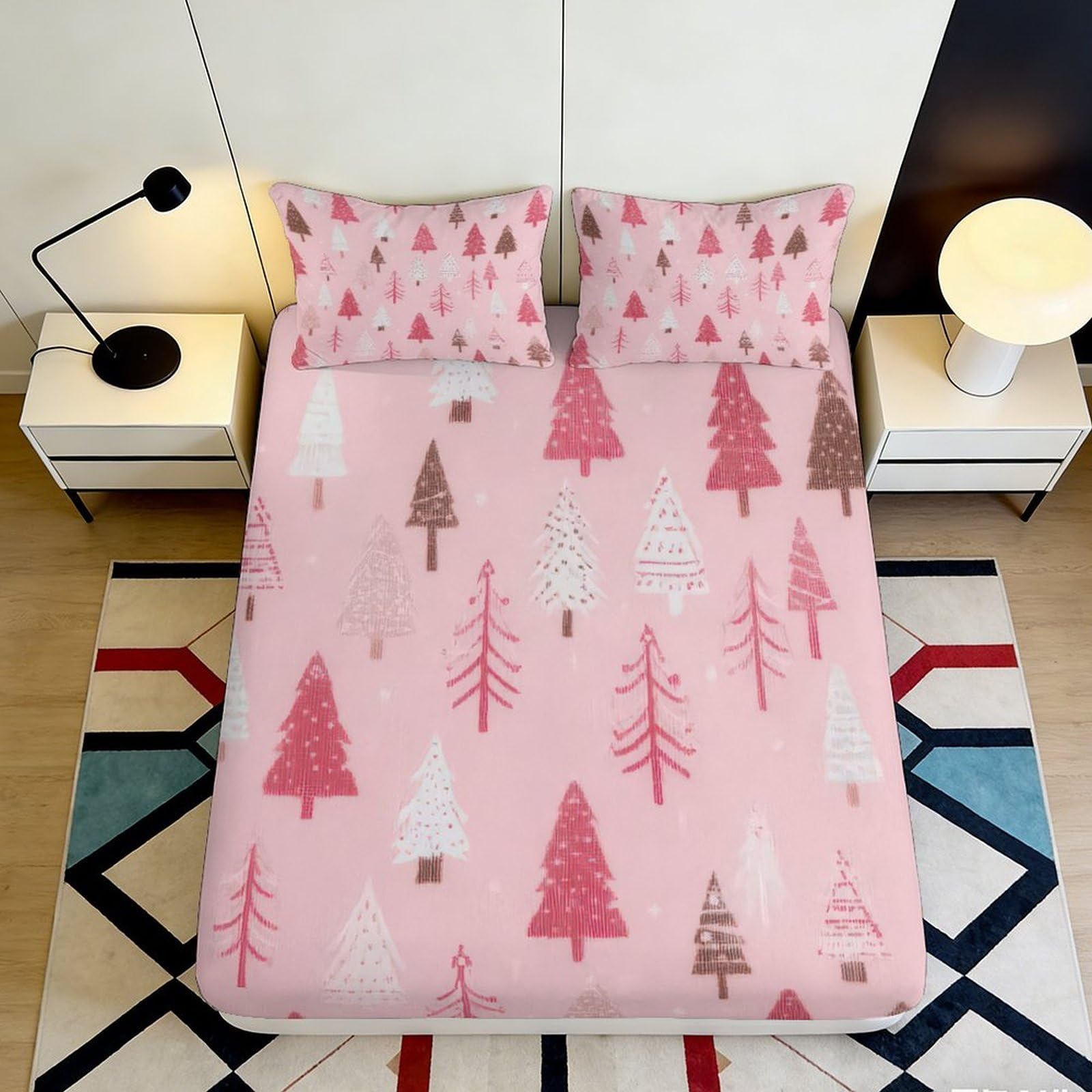 Jqzkxnhpbr Style-7 3D Printed Pink Christmas Tree Fitted Sheet Microfiber Soft Mattress Cover For Bedroom Guest Room Dorm Decor 90X200x25cm