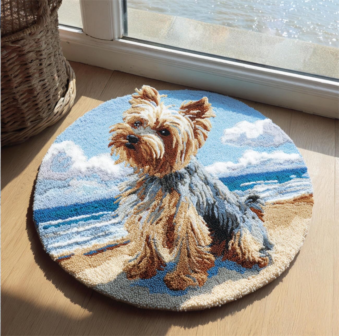 Kitquiver Dog Animals Latch Hook Rug Kits Yorkshire Terrier By The Sea Latch Hook Kit For Beginners，Tapestry Carpet Latchs Set For Adults Self Knotting Set Diy Craft Kits 50X50cm