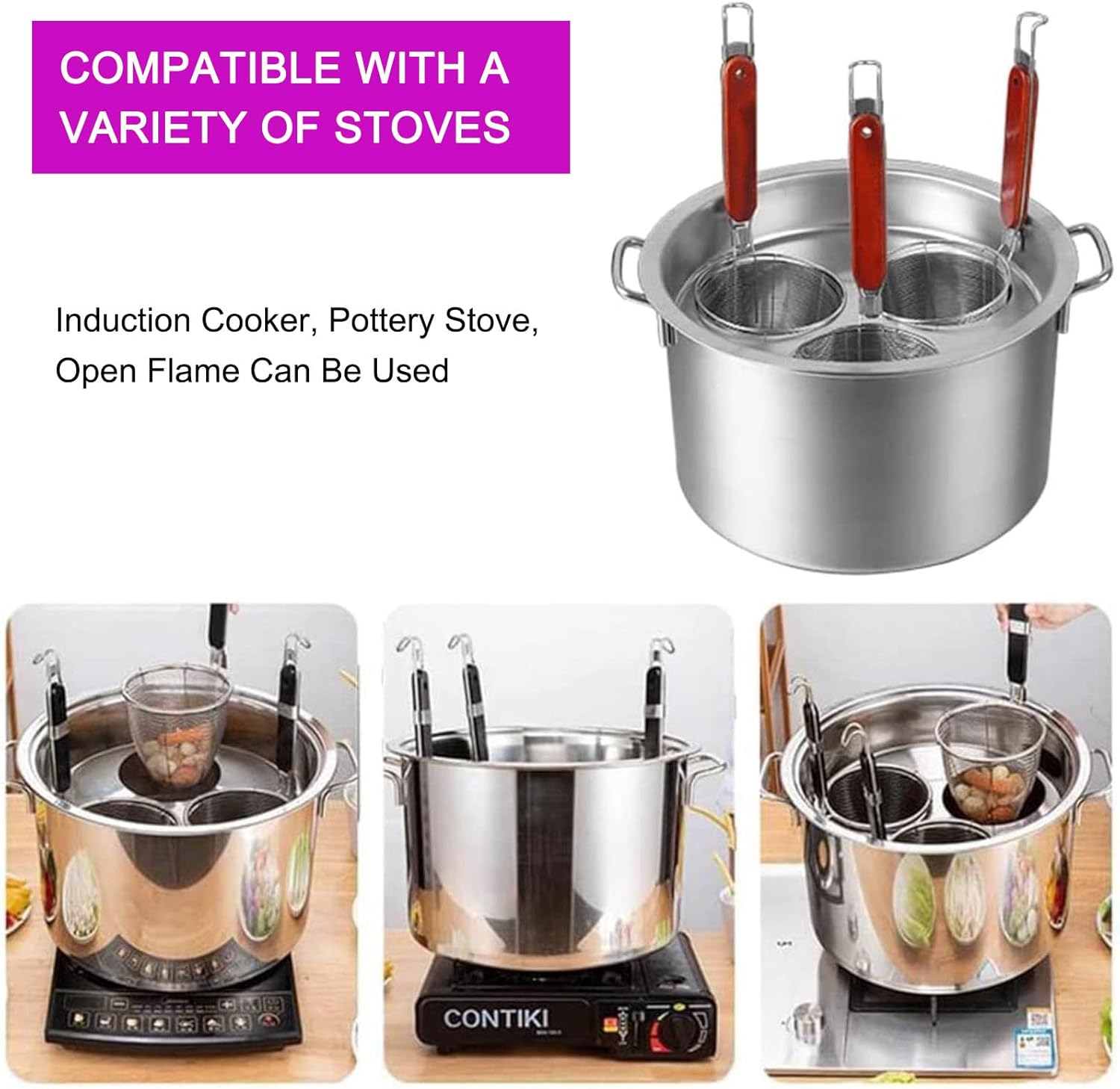 Stainless Steel Pasta Cooker Insert Set, Commercial Stock Pot Cookware with Pasta Pot and Insert Strainer Steamer Basket,6 Holes