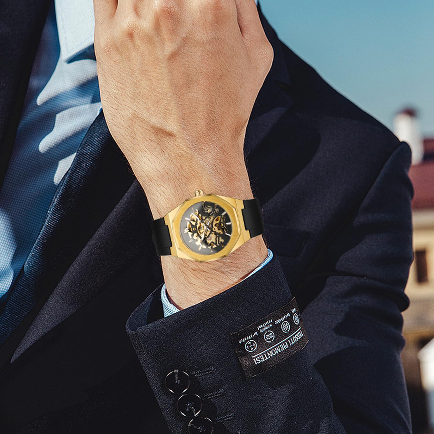 Reloj mecánico automático esqueleto para hombre con manecillas luminosas, correa de silicona negra, caja octogonal