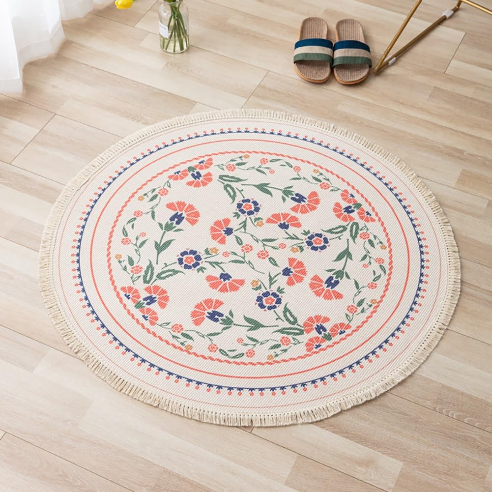 AVCULT Okrągły bawełniany dywan z frędzlami boho mandala tkany bawełniany dywanik zmywalny dywanik do salonu sypialni jadalni (kolor: C, rozmiar: 150 cm)