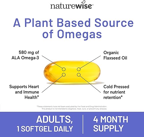 Miniatura 5 de NatureWise Aceite de linaza de 1000 mg, Omega 3 sin pescado con 580 mg de ALA, suplemento dietético para apoyo a la salud inmunológica, orgánico,
