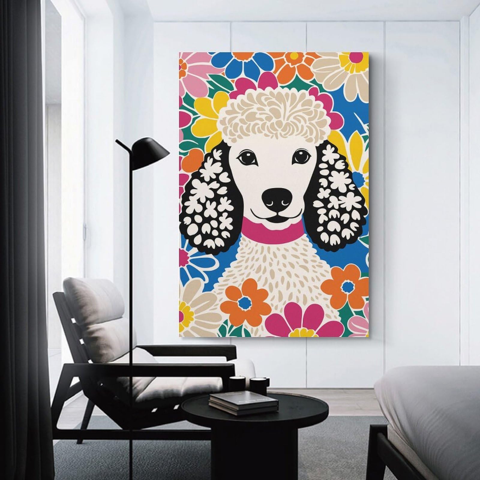 Junmoney Cute Poodle Dog in Flowers Canvas Art Print, 24x36inch(60x90cm), for Home Walls, Creative Rooms Or Shared Spaces, Decorative Artwork with Broad Appeal