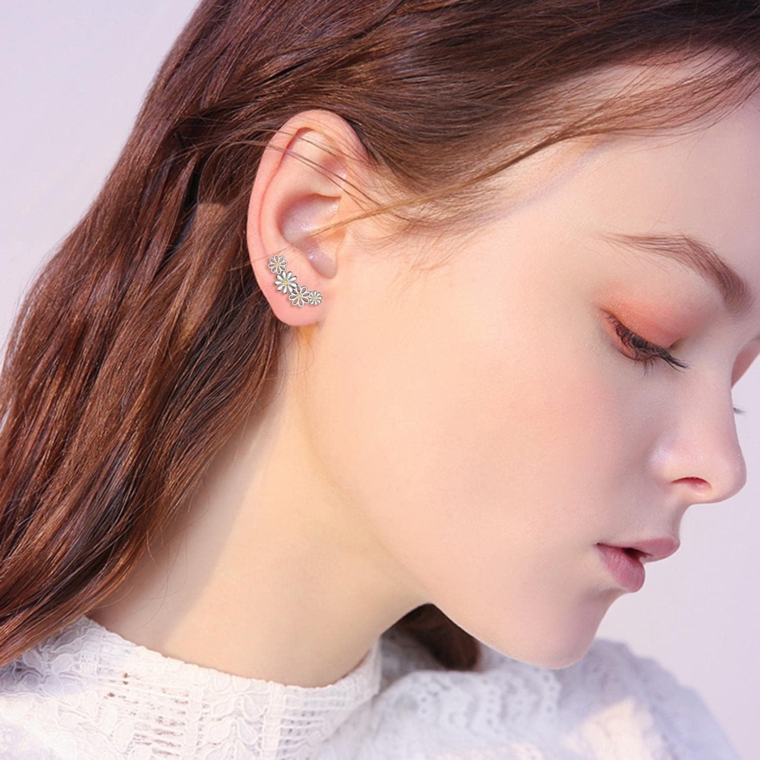 POPLYKE 925 Sterling Silver Ear Climber Earrings Studs Paw Daisy Earrings for Women Leaf Crawler Earring Cuff Earrings - Image 3