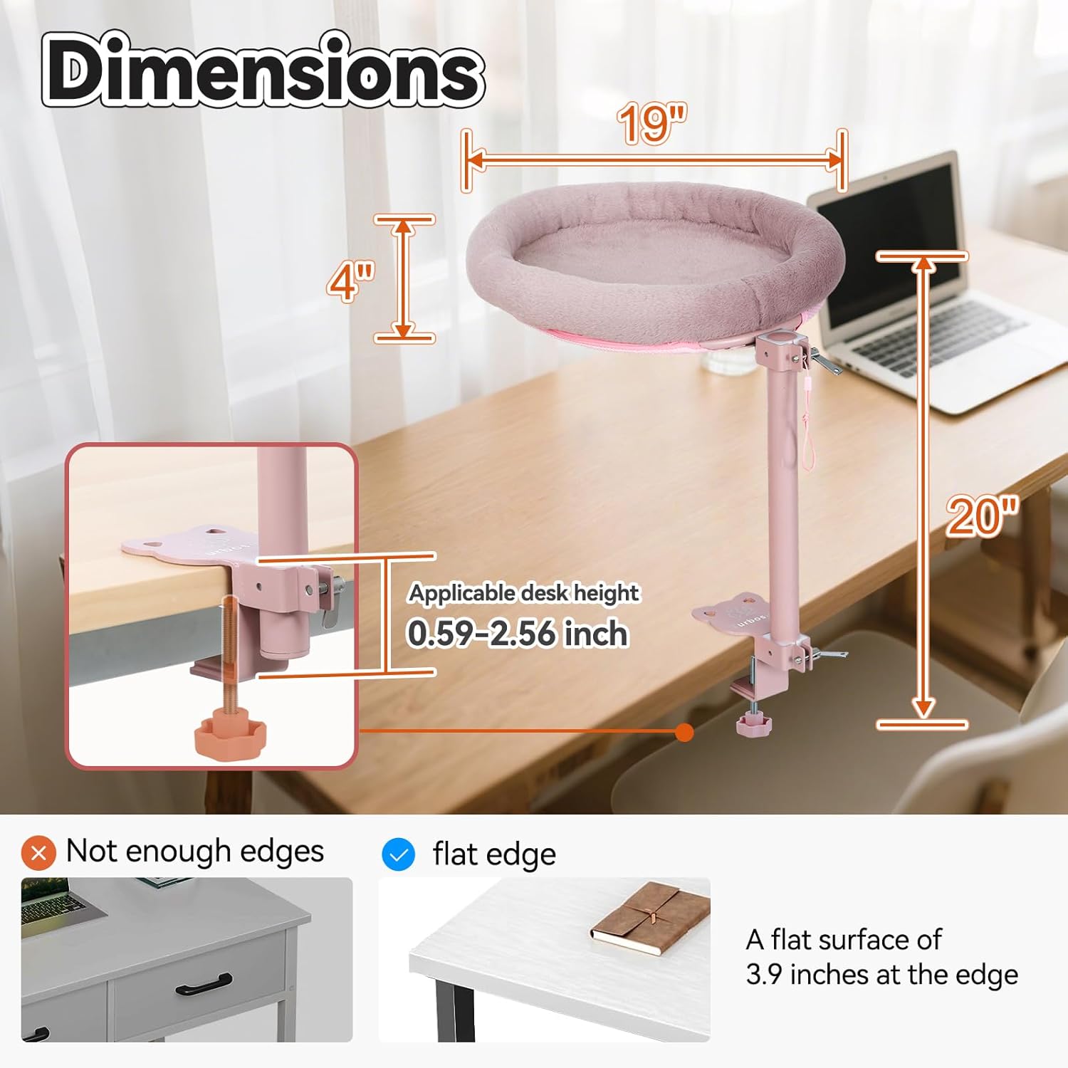 Cat Desk Bed,Steel Cat Bed for Desk,Up and Down Available,360° Rotating, Shelf Height Adjustable, Desktop Attachment Cats Nest Perch Hammock for Office Game Tables, Supports 40lb (Pink)