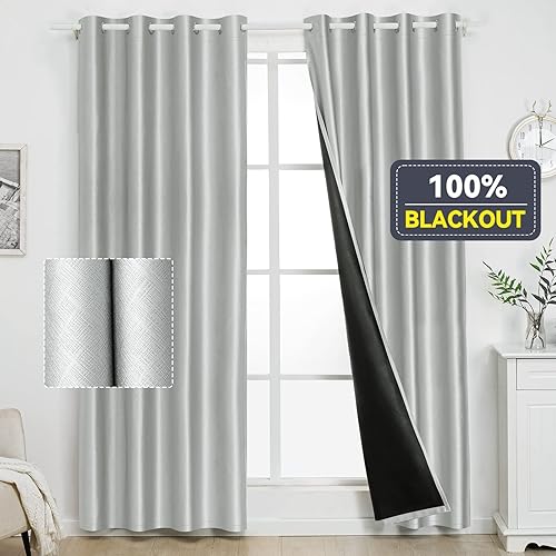 Cortinas plateadas 100% opacas para dormitorio, 3 capas gruesas con aislamiento térmico, cortinas opacas para oscurecer la habitación, cortinas con