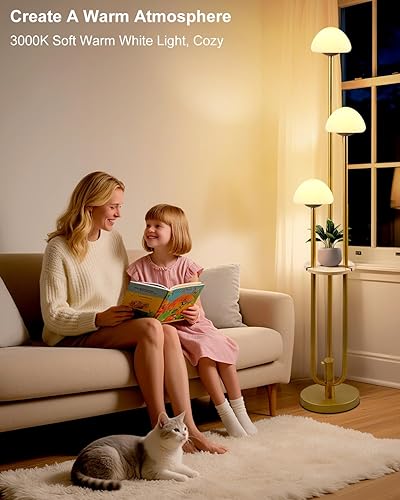 Miniatura 5 de Lámpara de pie regulable dorada con mesa, lámparas de pie modernas para sala de estar, lámpara de pie alta blanca cálida de 3000 K con sombras de 3