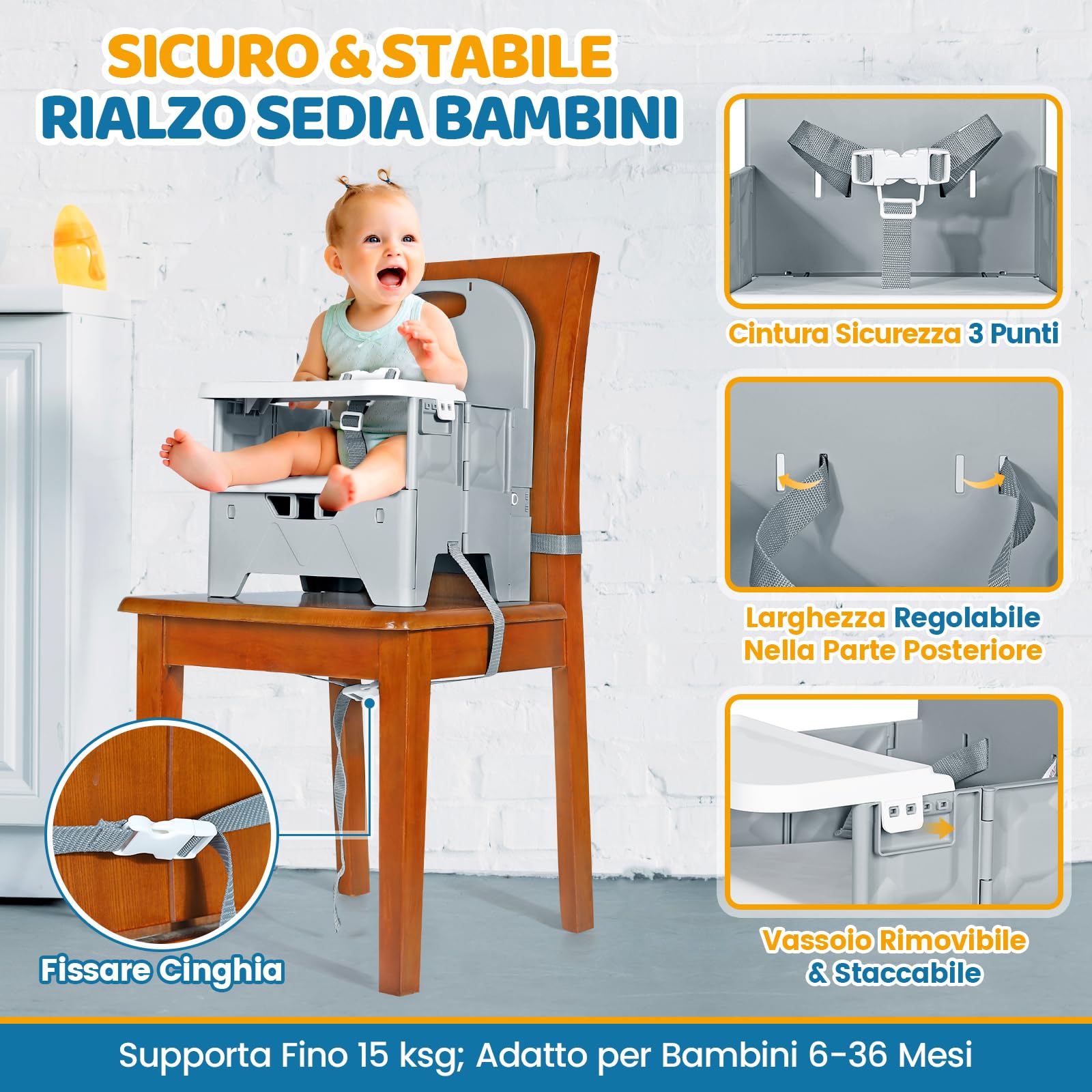 Orzbow Sedia pieghevole per bambini, stabile seggiolone da viaggio con vassoio rimovibile, materiale ABS e struttura stabile, sedia da campeggio portatile per bambini da 6 mesi a 3 anni, 15 kg, grigio