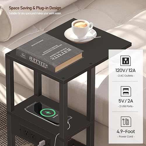 Miniatura 5 de TUTOTAK Mesa auxiliar en forma de C con estación de carga, juego de 2, mesa auxiliar con 2 puertos USB y tomacorrientes, mesa de aperitivos para