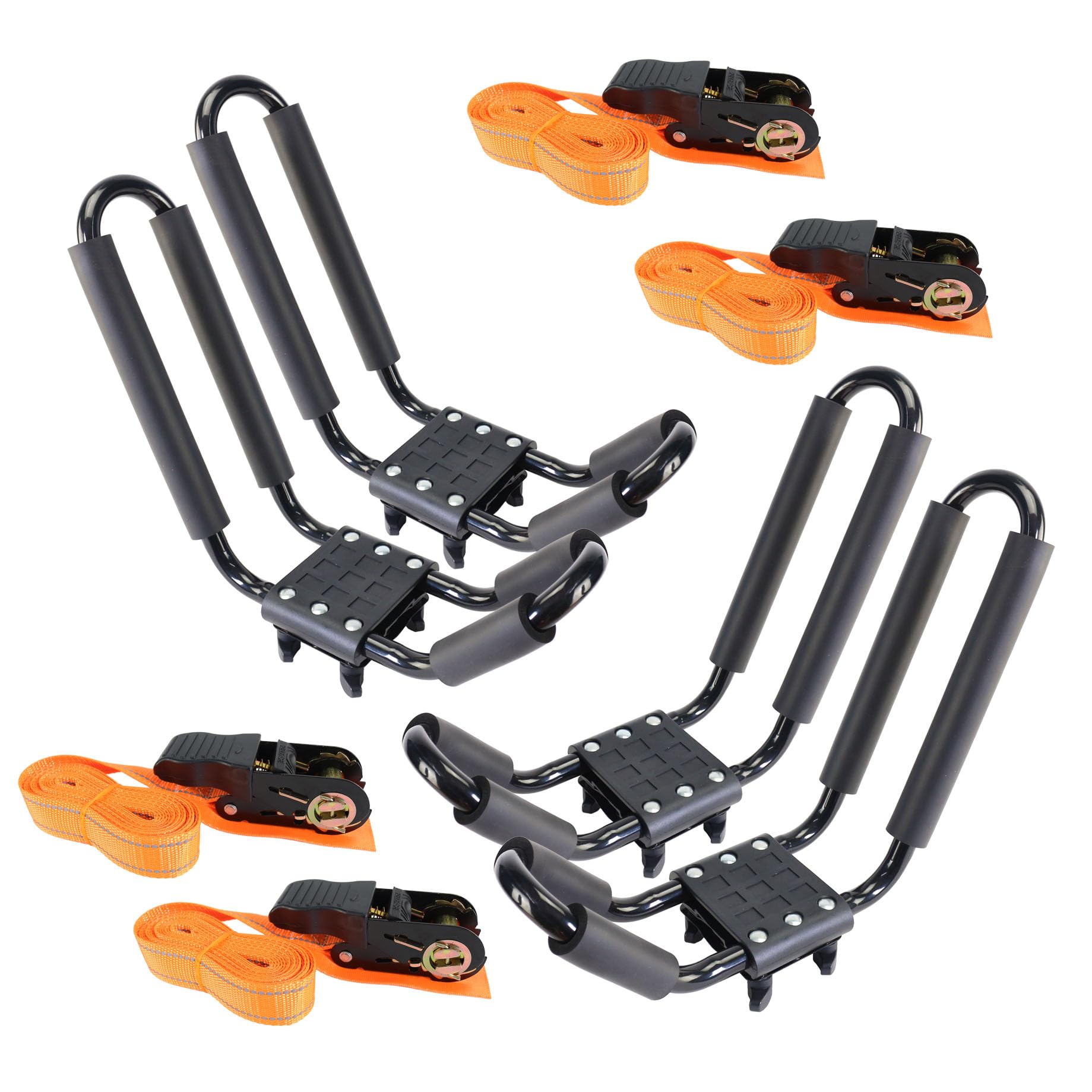 2 Pairs Heavy Duty Kayak Roof Rack J-Bar Carrier Holder - Includes 4 Pcs Ratchet for Canoe, SUV, Cars, Truck, Surf Ski, Tie-Mount on Car Roof Top Crossbar for Trip, Set of 4