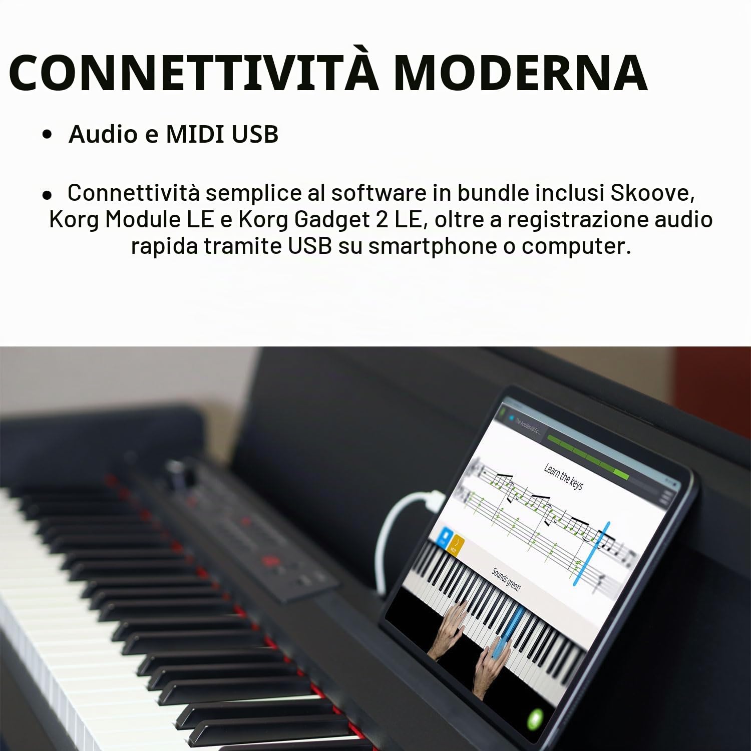 KORG - LP-380-RW U KORG - LP-380-BK U, Pianoforte Digitale, Tastiera 88 Tasti RH3 (Real Weighted Hammer Action 3),3 Curve di Dinamica, generatore Stereo PCM con Polifonia 120 Voci, 30 Timbri