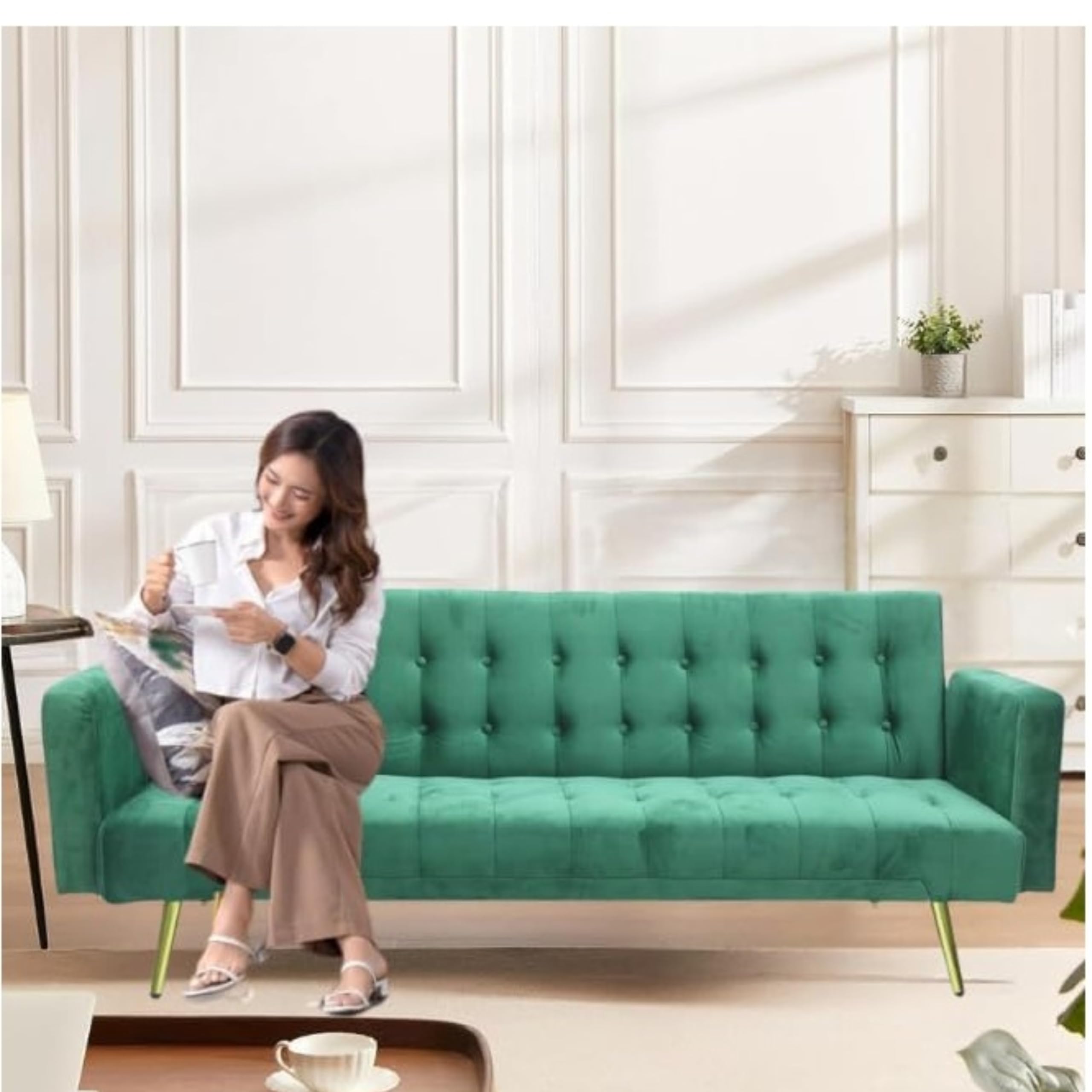 Karnak Lamerge Sofa Bed, Modern Convertible Sleeper Sofa Bed Wooden Frame Small Folding Sofa Couch for Living Room, Bedroom, Compact Spaces (GREEN WITHOUT ASSEMBLY)