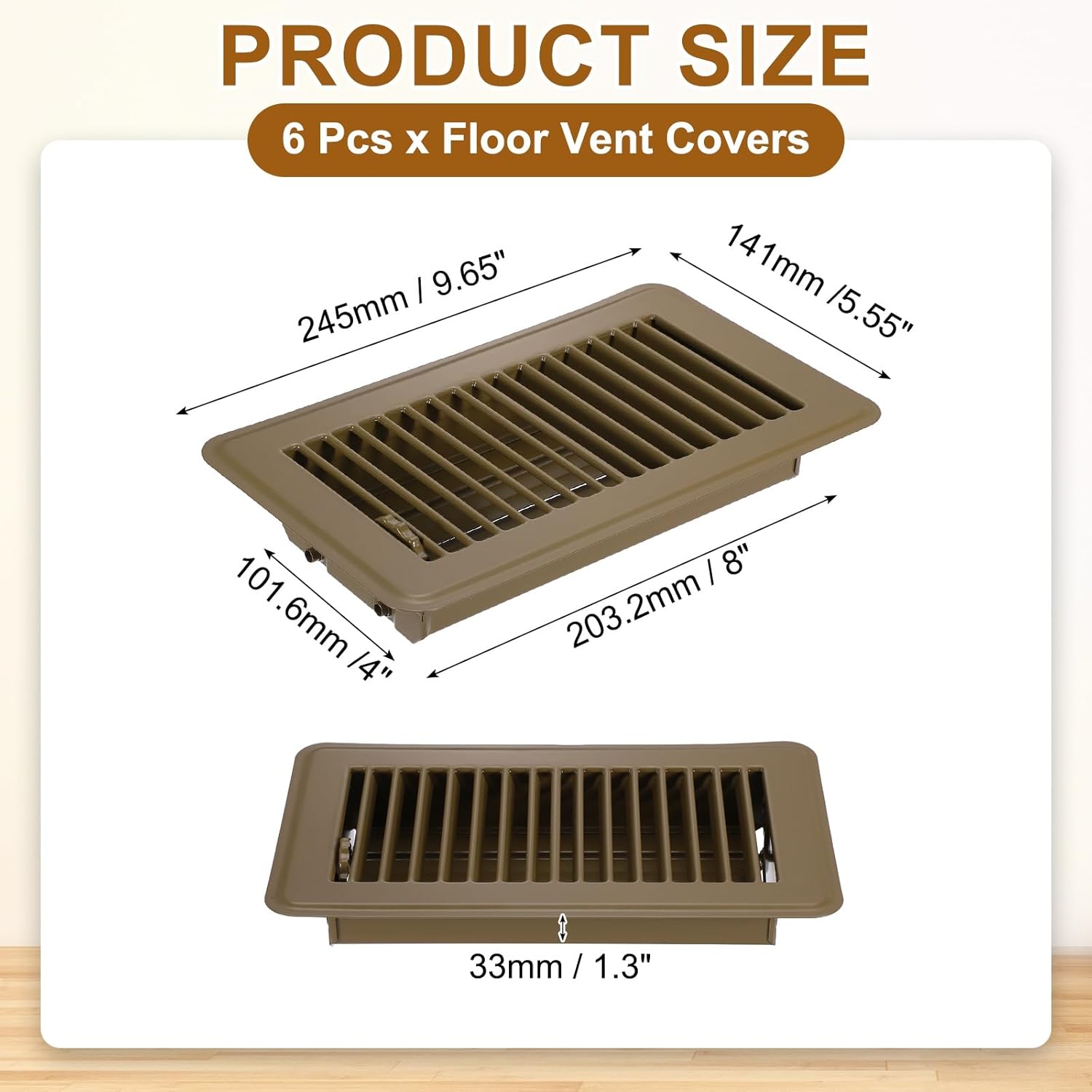 PATIKIL 4x8 Inch Floor Vent Covers, 6 Pcs Floor Registers Heavy Duty Metal Walkable Air Vent Covers Easy Adjustable Air Supply Lever for Home Office Wall Ceiling Grilles, Brown