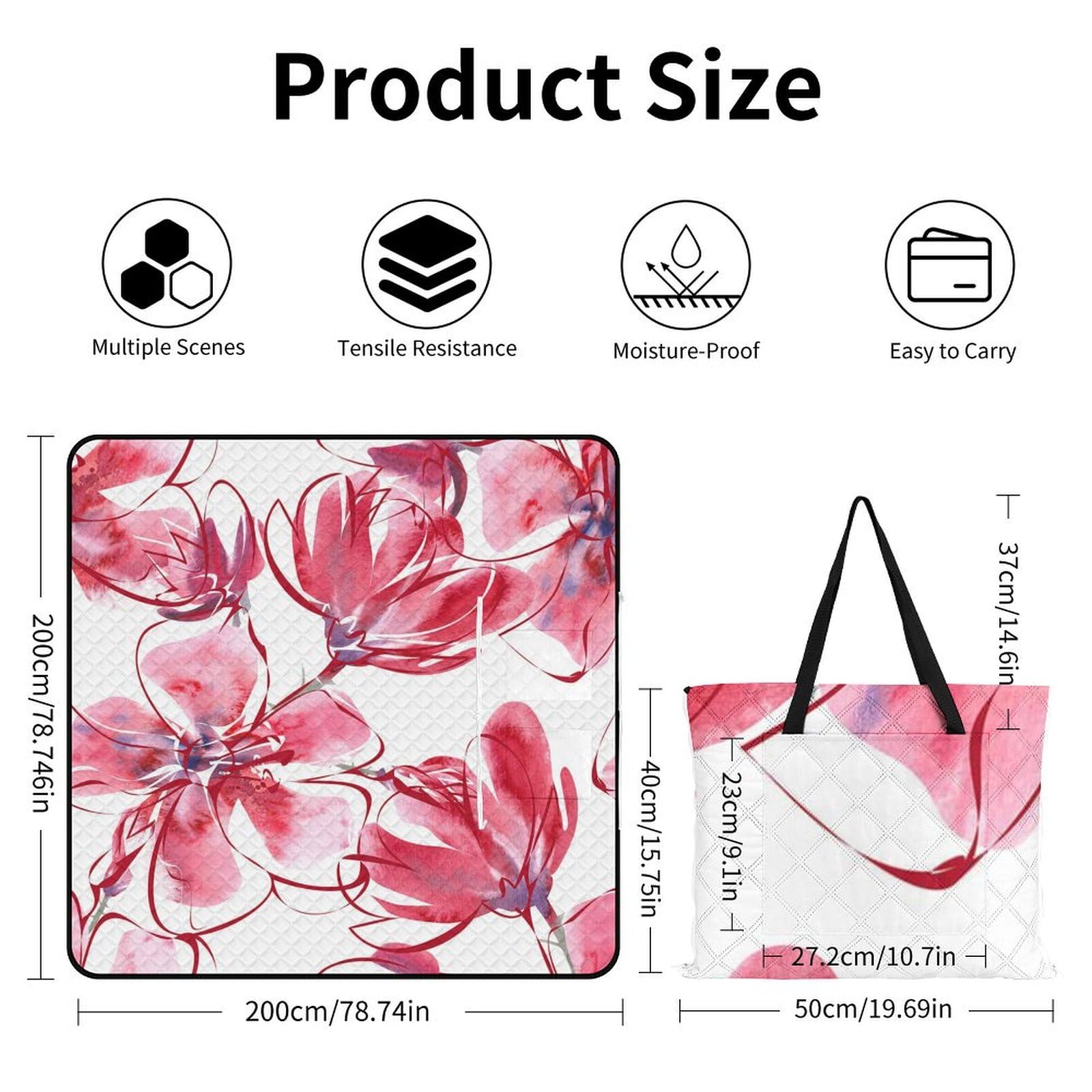 3D Impression Watercolor Fleurs Couverture Pique Nique Tapis Pique Nique Nappe Picnic Couverture De Pique-Nique pour Le Voyage, Le Camping, Les Vacances, Etc 200x200cm