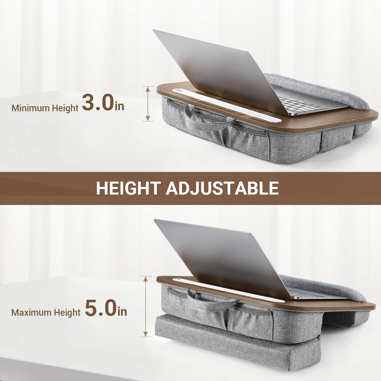 Lap Desk Height Adjustable - Fits up to 15.6 inch Laptop Ohuhu Portable Wood Lap Laptop Desk with Soft Pillow Cushion Anti-Slip Strip & Storage for Notebook MacBook Tablet Laptop Stand, Brown