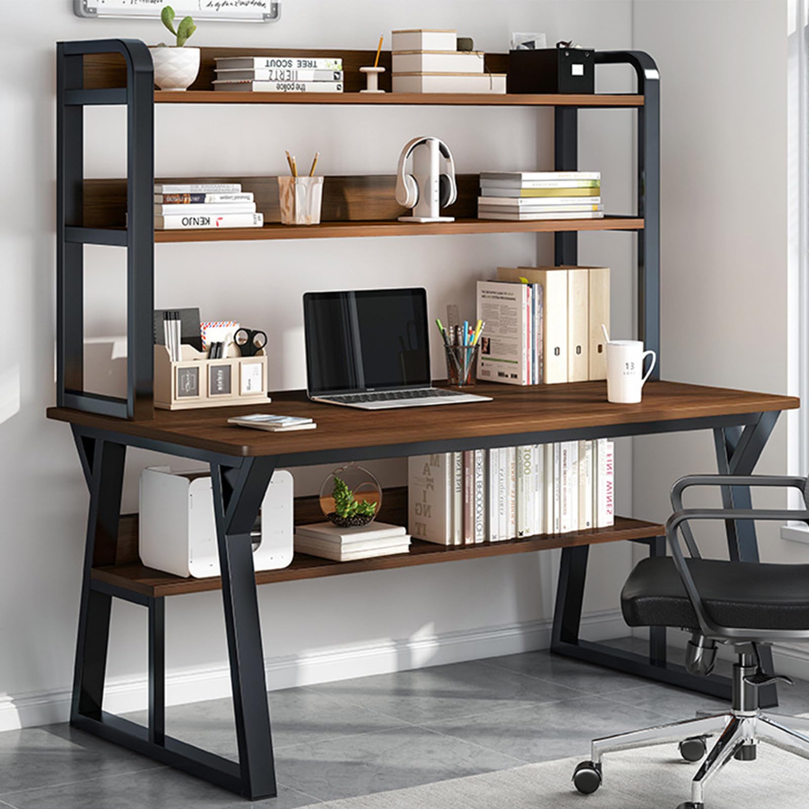 Scumlovy Modern Space Saving Computer Desk with Hutch and Bookshelf - Home Office Study Table Metal Frame Workstation