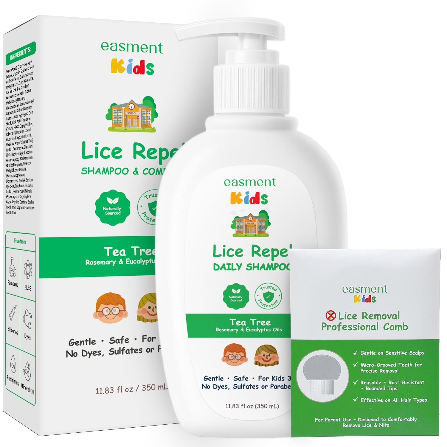 Lice Shampoo & Comb for Kids Kit: Head Lice Prevention Shampoo with Powerful Tea Tree & Rosemary Oils, Professional Lice Comb Defenses Lice & Nits(Eggs), Para Piojos y Liendres, Perfect for Kids 3+