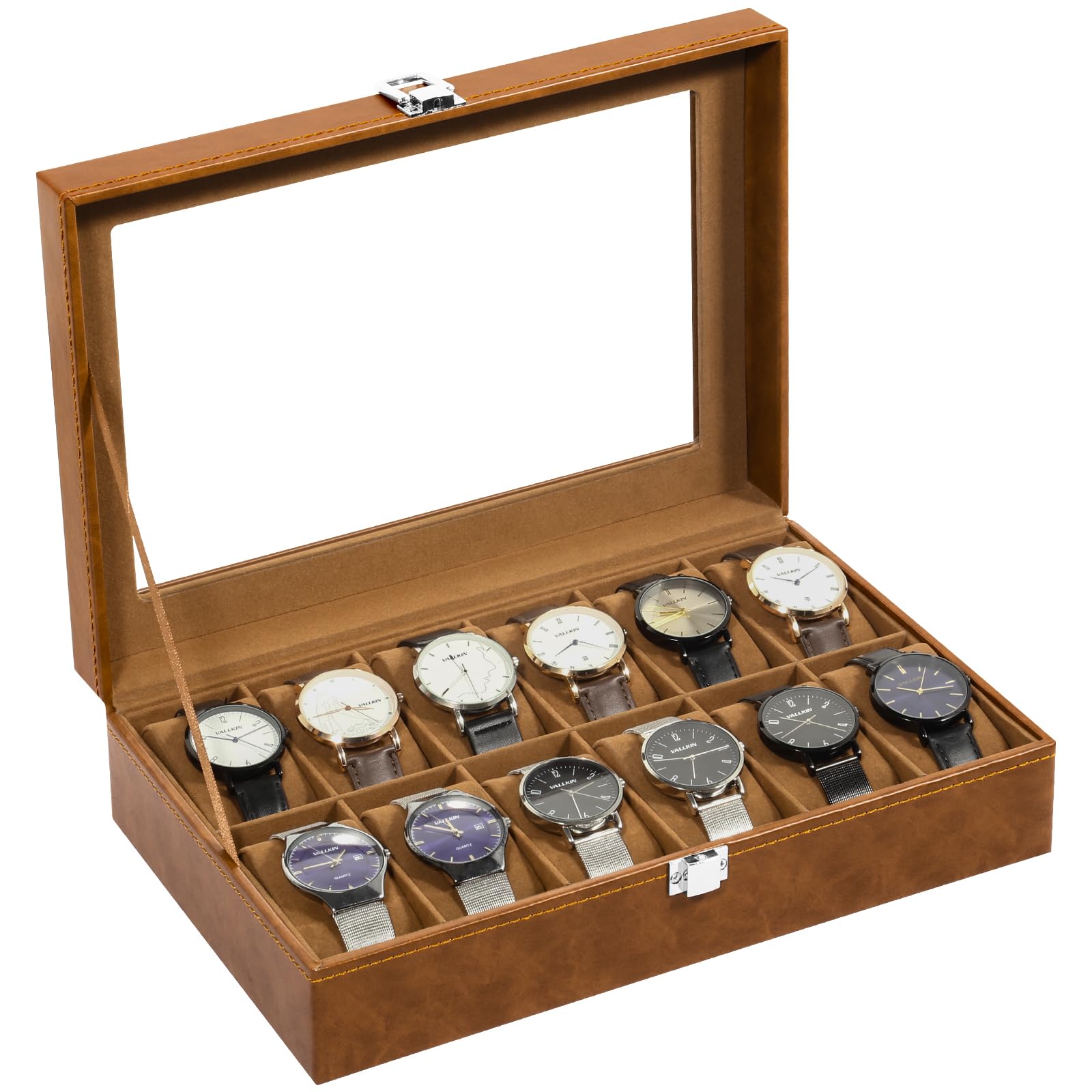 Uten 12-Slot Watch Box, PU Leather Watch Case with Glass Lid, Brown