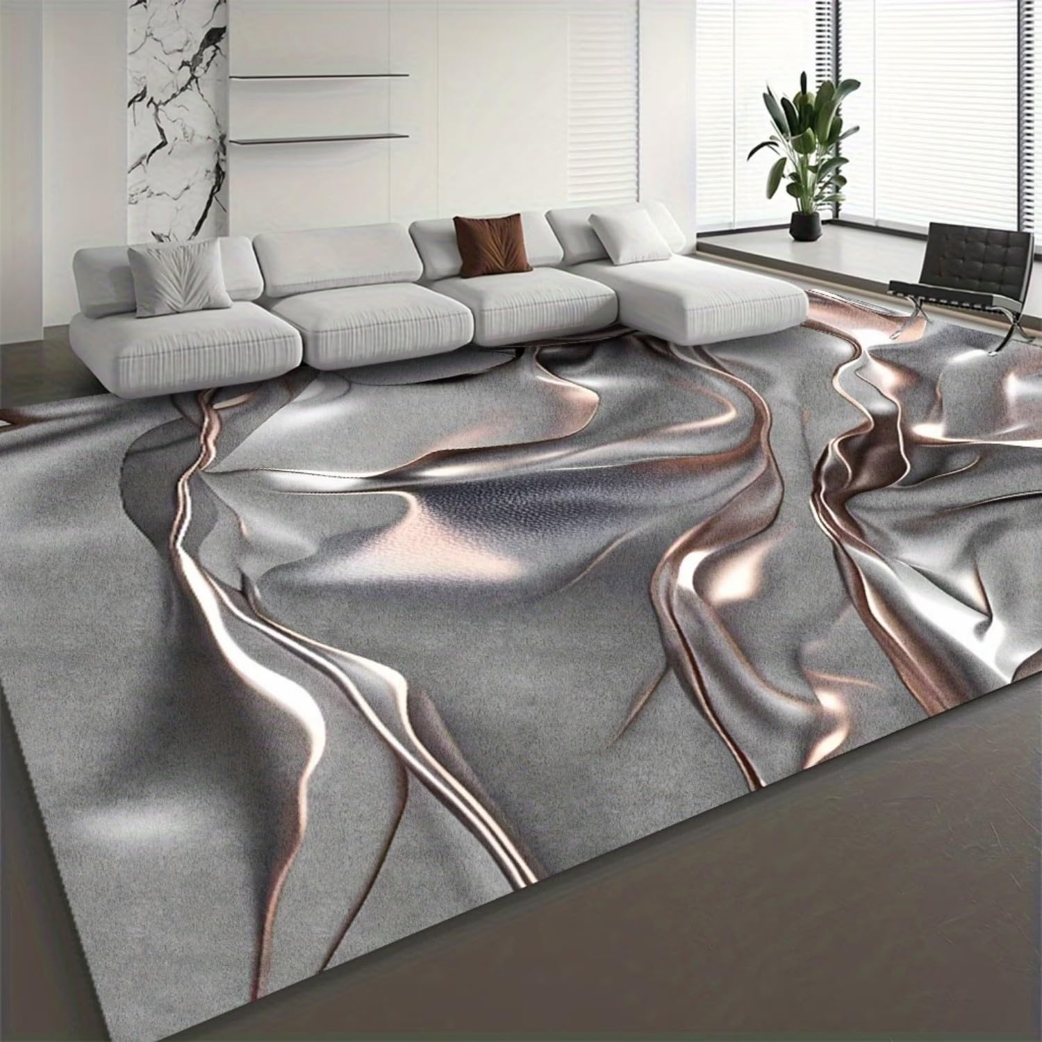 USHIRUG 3D Grey and Rose Gold Area Rug, 120x180cm Modern Abstract Silk Satin Ripple Floor Carpet for Living Room, Luxury Optical Illusion Rugs for Bedroom Lounge, Soft Washable Non-Slip Indoor Carpet