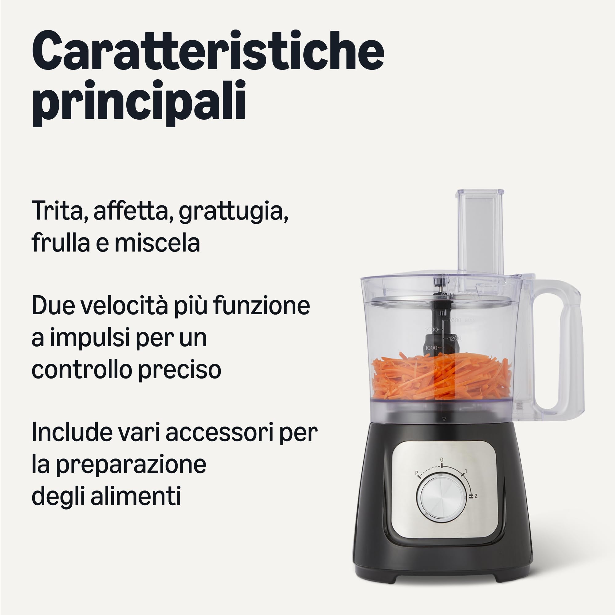 Amazon Basics Robot da cucina e frusta a 2 velocità, ciotola da 2,4 litri e caraffa da 1,5 litri, 800 W, nero