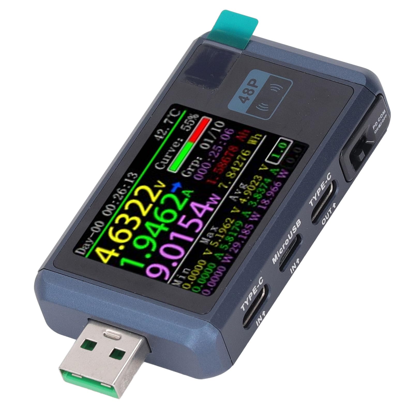 Generic Tester USB z Kolorowym Wyświetlaczem, Wielofunkcyjny Multimetr Napięcia i Prądu do ładowania urządzeń, 3 Porty, Metal, 1 X Tester