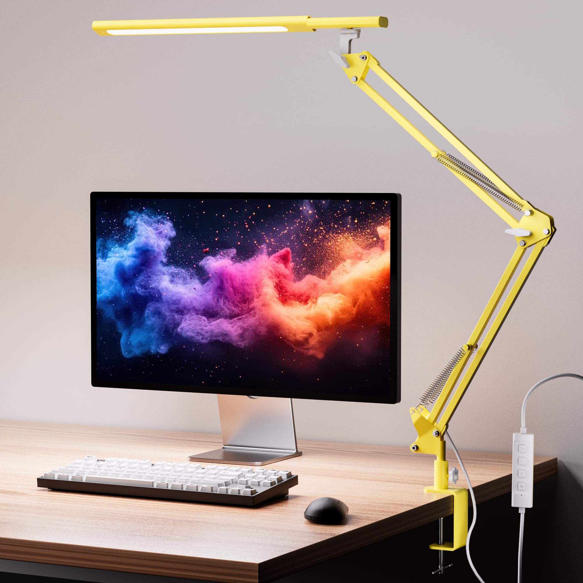 Lampada da scrivania a LED, lampada da scrivania per casa, ufficio, protezione degli occhi, lampada diurna, 5 temperature di colore e luminosità regolabili, con adattatore QC 3.0, 12 W, giallo
