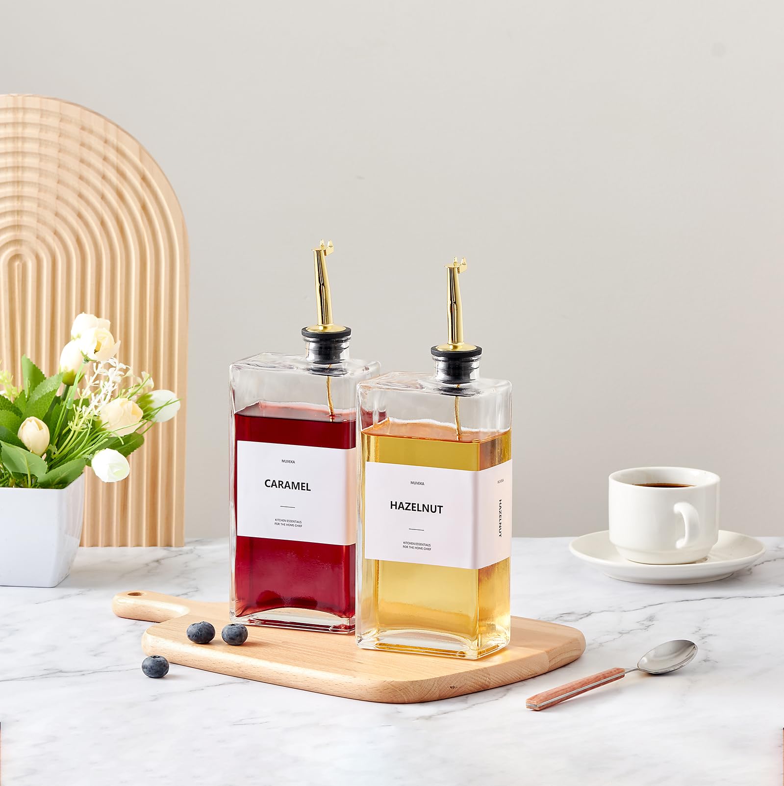 Olivenölspender Flasche für Küche, 479.1 g / 500ml Speiseölspender, Öl- und Essigspenderflasche Set, Glasölbehälter mit 4 Ausgießer, Kaffeesirupspender