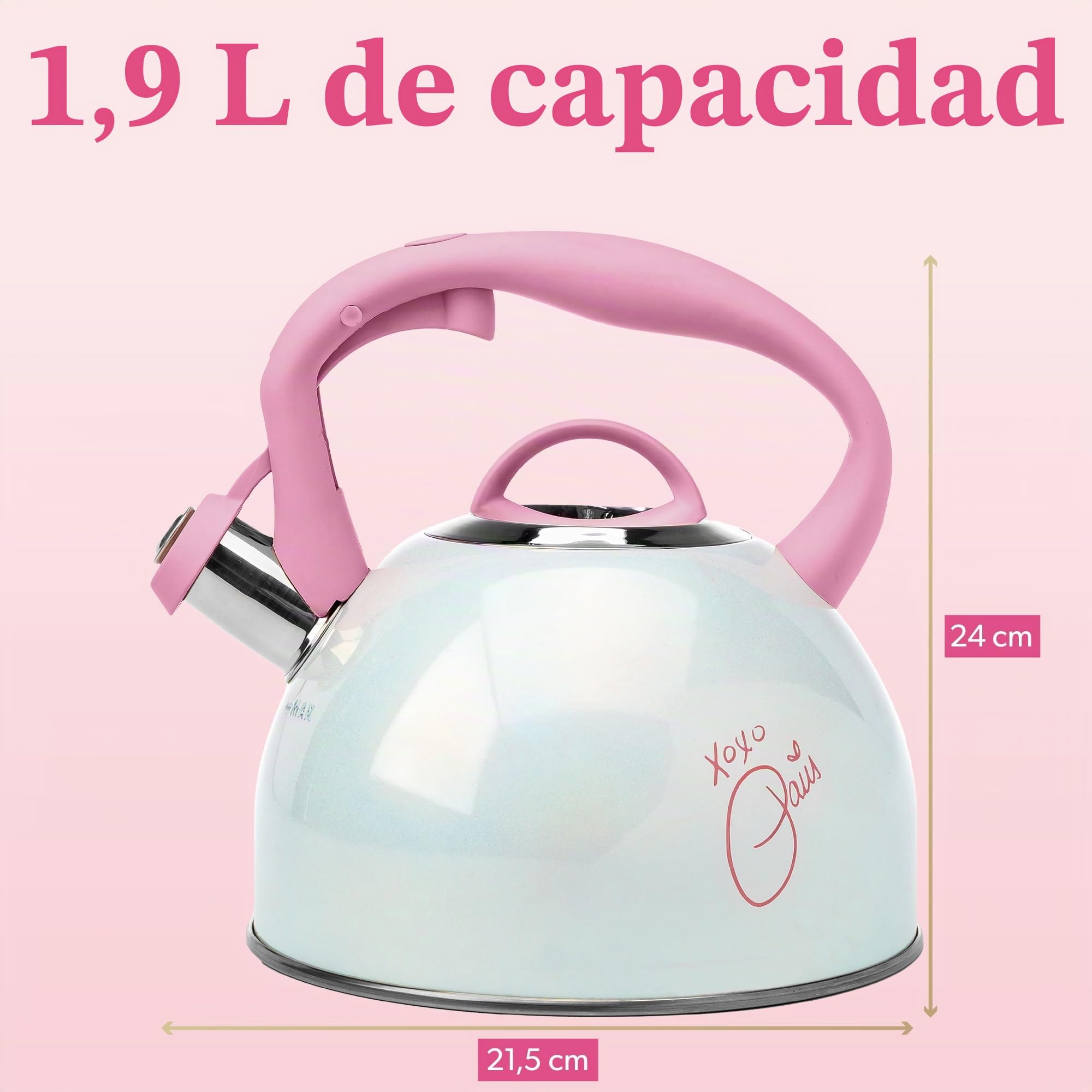 Paris Hilton – Tetera de acero inoxidable con firma de París de 2 litros con mango de tacto frío y boquilla para silbato. Calentamiento rápido para disfrutar del té perfecto