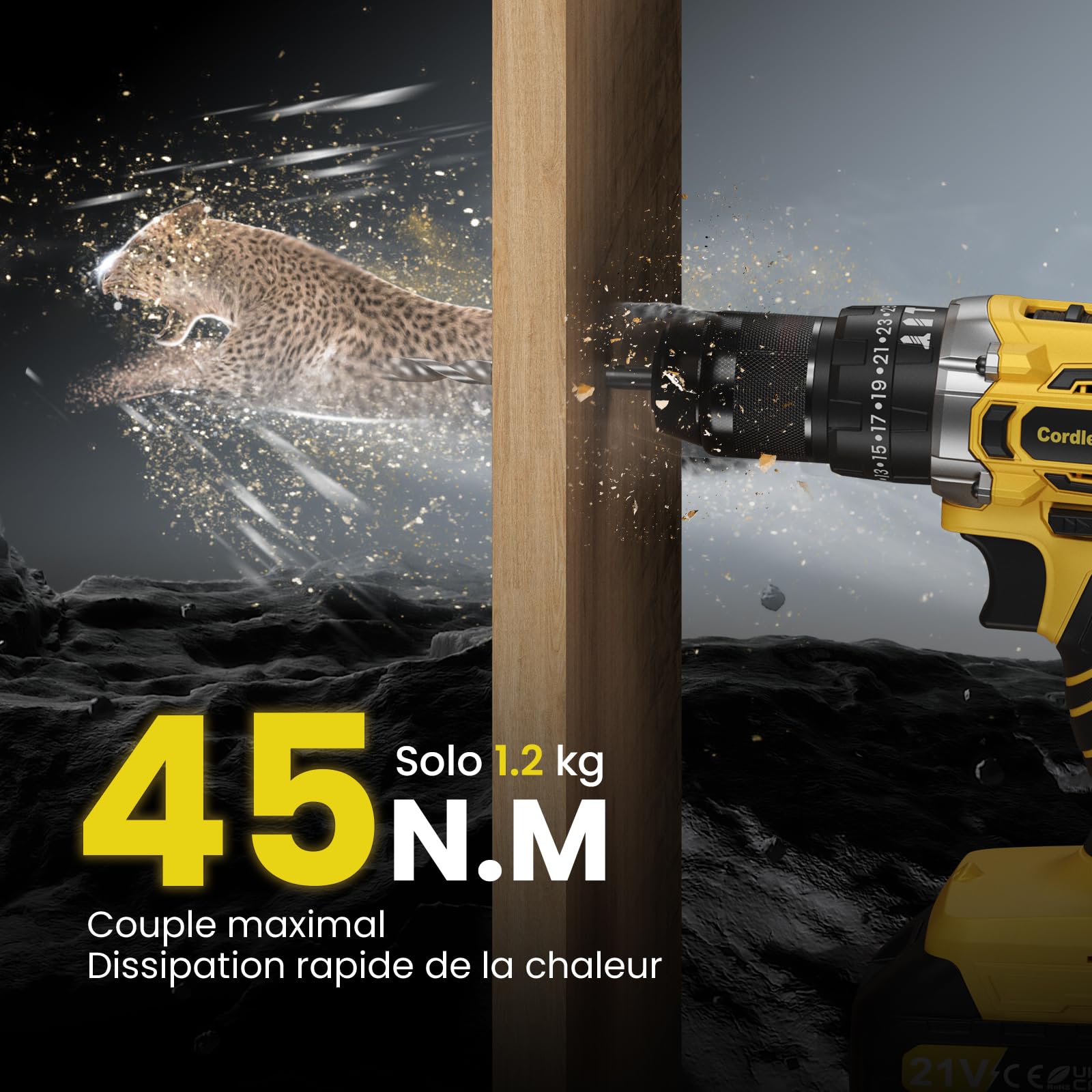 21V Perceuse Percussion Sans Fil, 45Nm Perceuse Visseuse Devisseuse Sans Fil avec 2 Batteries 2,0Ah, 25+3 10mm Mandrin Métallique 2 Vitesses Perceuses à Percussion Viseuse Electrique Outils Bricolage