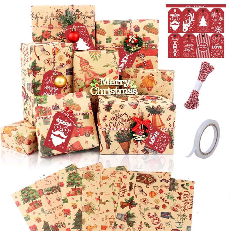 Christmas Wrapping Paper, 6 Sheets Cute Kraft Xmas Wrapping Paper Set with Tags Stickers and Paper Rope, Christmas Wrapping Papers for Gifts Arts Crafts Decorations (50x70CM)