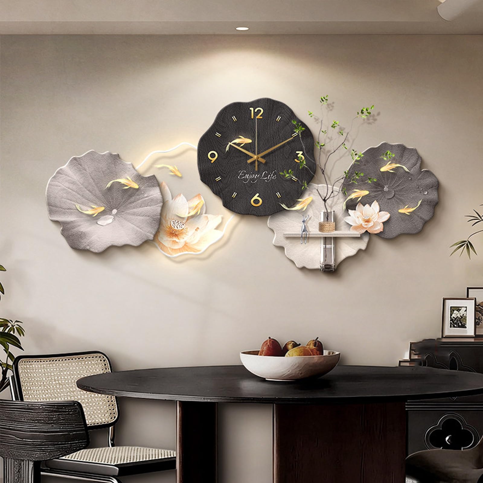 ITOSUI 3D Art Wall Clock with LED Light,Decorative Lotus Leaf Fish Wall Clock,Non-Ticking,Entryway Wall Decoration,Plug-in Power Supply,for Living Room,Bedroom,Dining Room(Black,47.2 * 21.6in)