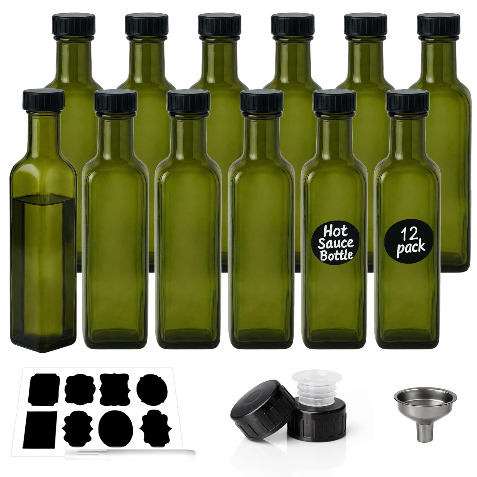 WERTIOO 12er Set Ölflasche 250ml aus Dunkelgrünem Glas, Olivenöl Flasche & Essigflasche mit Schraubdeckel, Lichtschutz Öl & Essig Flaschen zum Abfüllen von Öl, Essig, Dressing, Saucen Küche, Haushalt & Wohnen