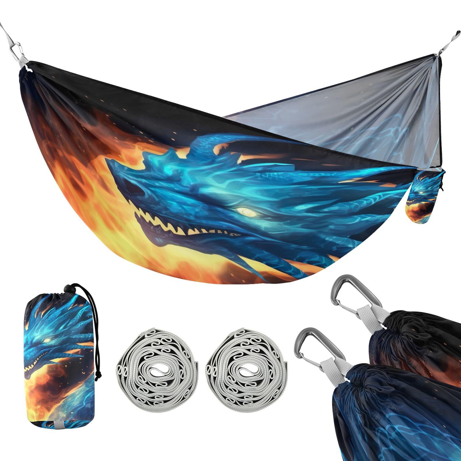 Haskirky Dragon Camping Hammock, Single Portable Hammocks with Tree Straps & Attached Carry Bag, 330Lbs Capacity Perfect for Outside Indoor Hiking Beach Backpack Travel