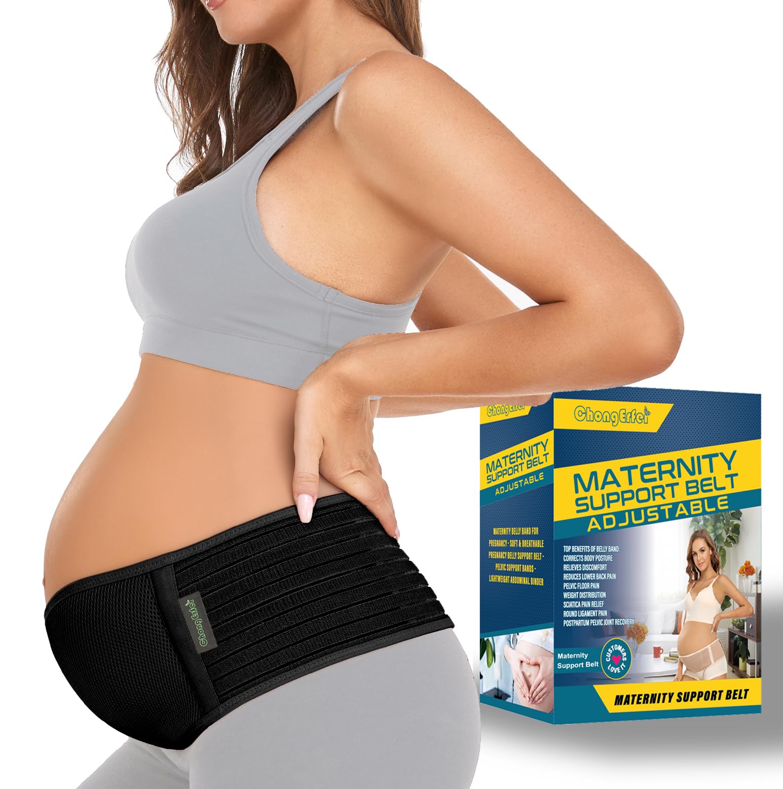 ChongErfei Ceinture de grossesse, ceinture de grossesse, soutien dorsal, soutien dorsal, soulage le dos, le bassin, les douleurs de hanche pour la grossesse (noir, taille unique)