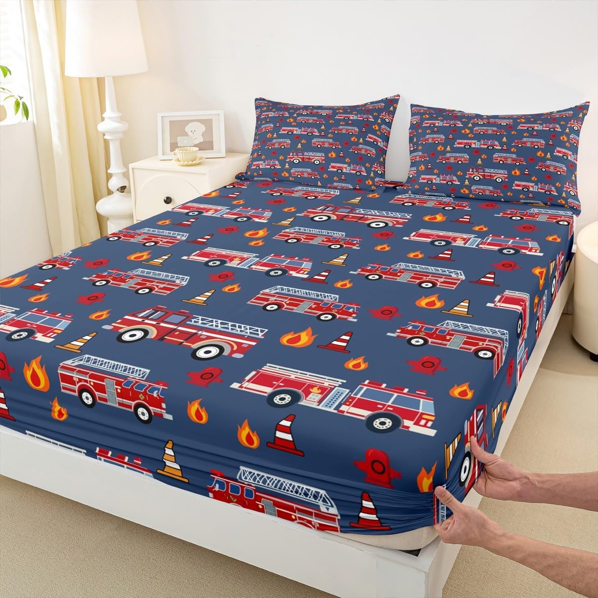 Erosebridal Firefighter Truck Queen Fitted Sheet Red Fire Truck Sheets, Navy Bed Sheets Boys Cartoon Car Bed Cover, Lightweight Soft Cozy Bed Set 3pcs with 2 Pillow Cases (Deep Pocket)