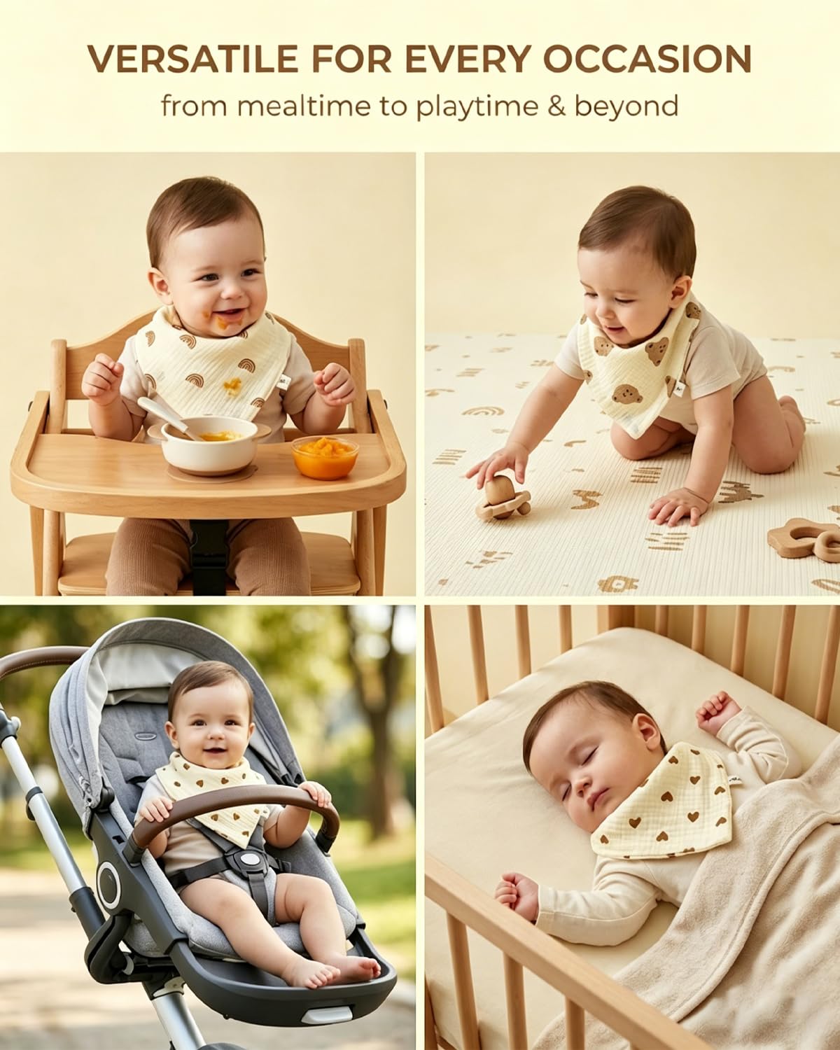 Bavaglini Neonato 100% Cotone Mussola Set Assorbenti Traspiranti Regolabili Orsetto Cuore Arcobaleno Koala