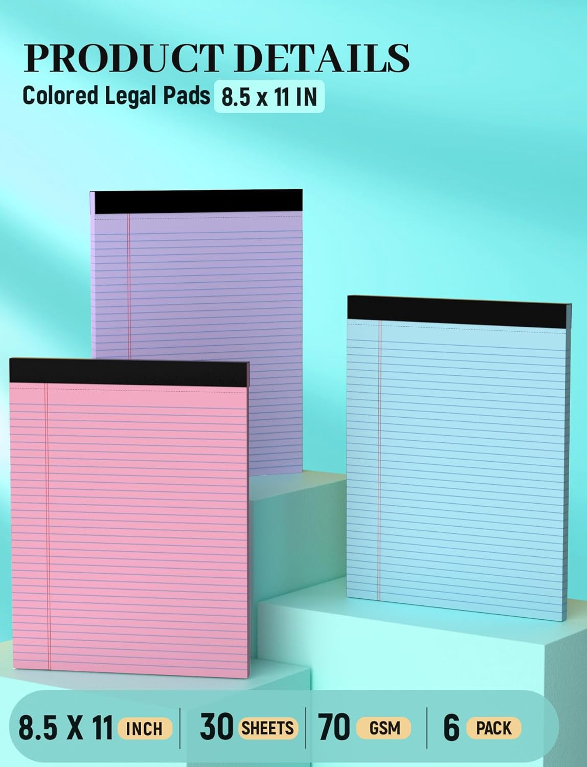 Legal Pads 8.5 x 11, 6 Pack Note Pads 8.5x11, Colored Legal Pads 8.5 x 11 College Ruled, 30 Sheets Per Writing Pads, Perforated Lined Paper Pads with Sturdy Backing, Notepads for School, Office, Home - Image 2