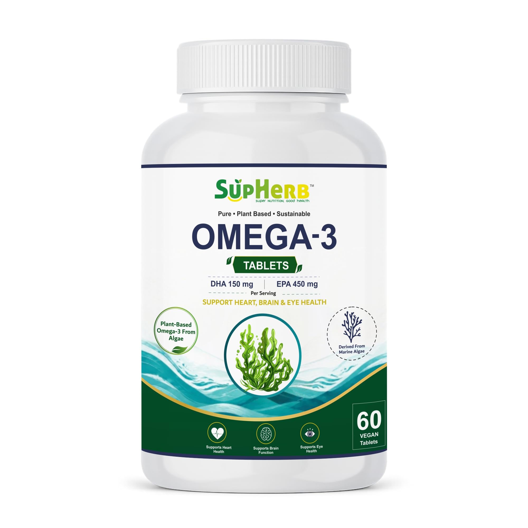 SupHerb Omega-3 Vegan Tablets – Plant Based Omega 3 from Marine Algae, DHA 150mg & EPA 450mg, Supports Heart, Brain & Eye Health, Sustainable Fish Oil Alternative, Soy Free & Gluten Free, 60 Vegan Tablets