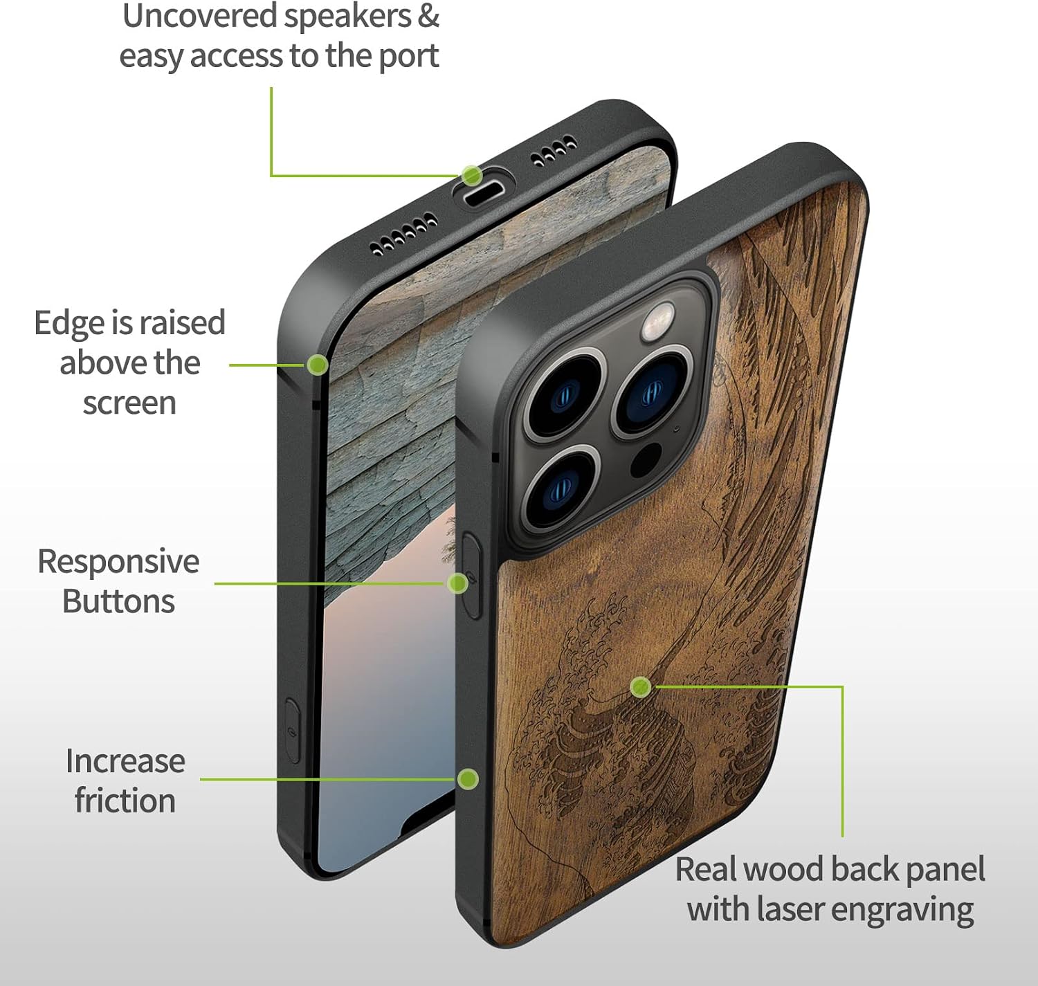 Carveit Magnetic Wood Case for iPhone 13 Pro Case [Natural Wood & Soft TPU] Unique & Classy Wooden Shockproof Protective Cover Compatible with MagSafe (The Great Wave Off Kanagawa -Walnut)