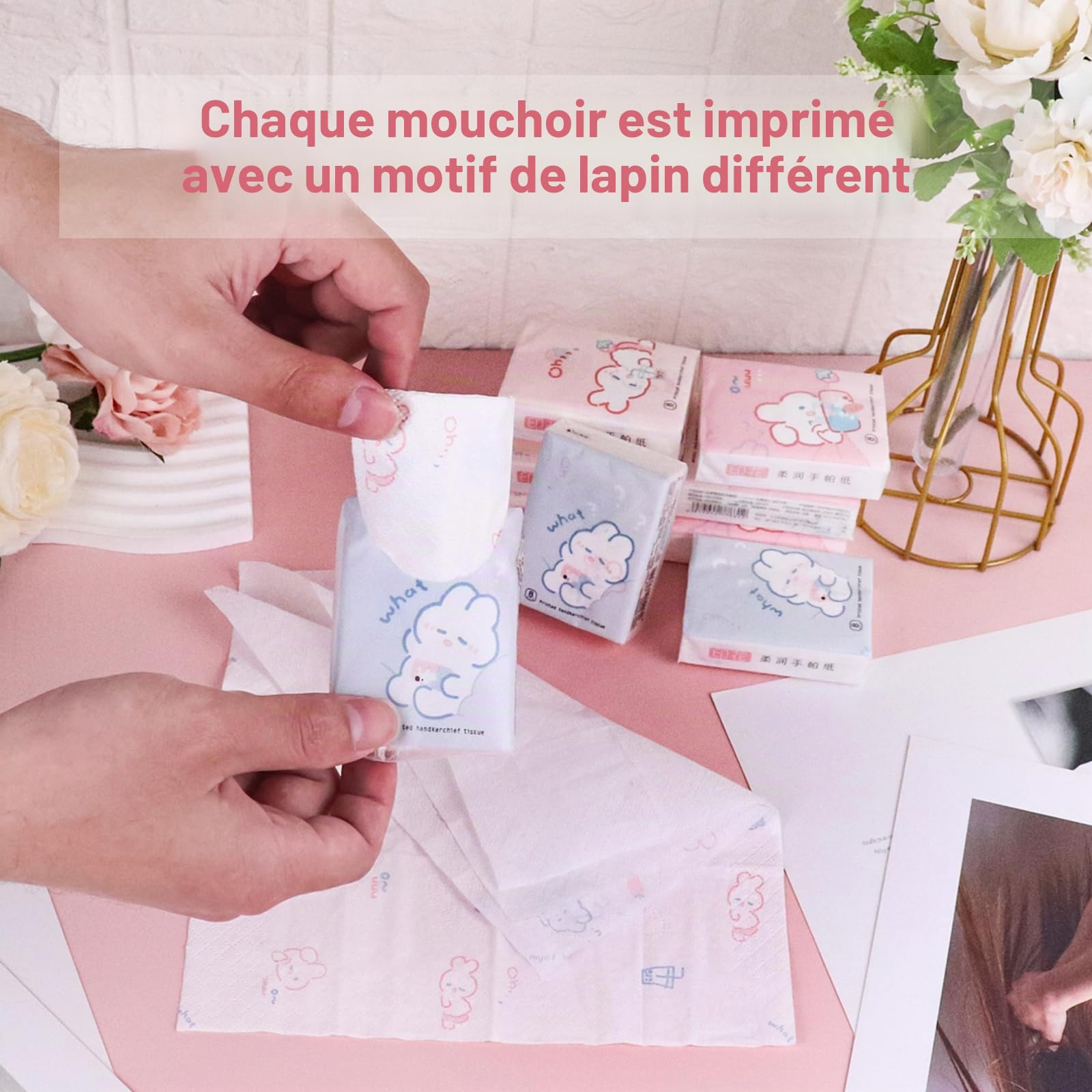 Lot de 27 mini mouchoirs de poche imprimés avec motif lapin, 8 feuilles par paquet, 3 plis, voyage, école, travail, sortie